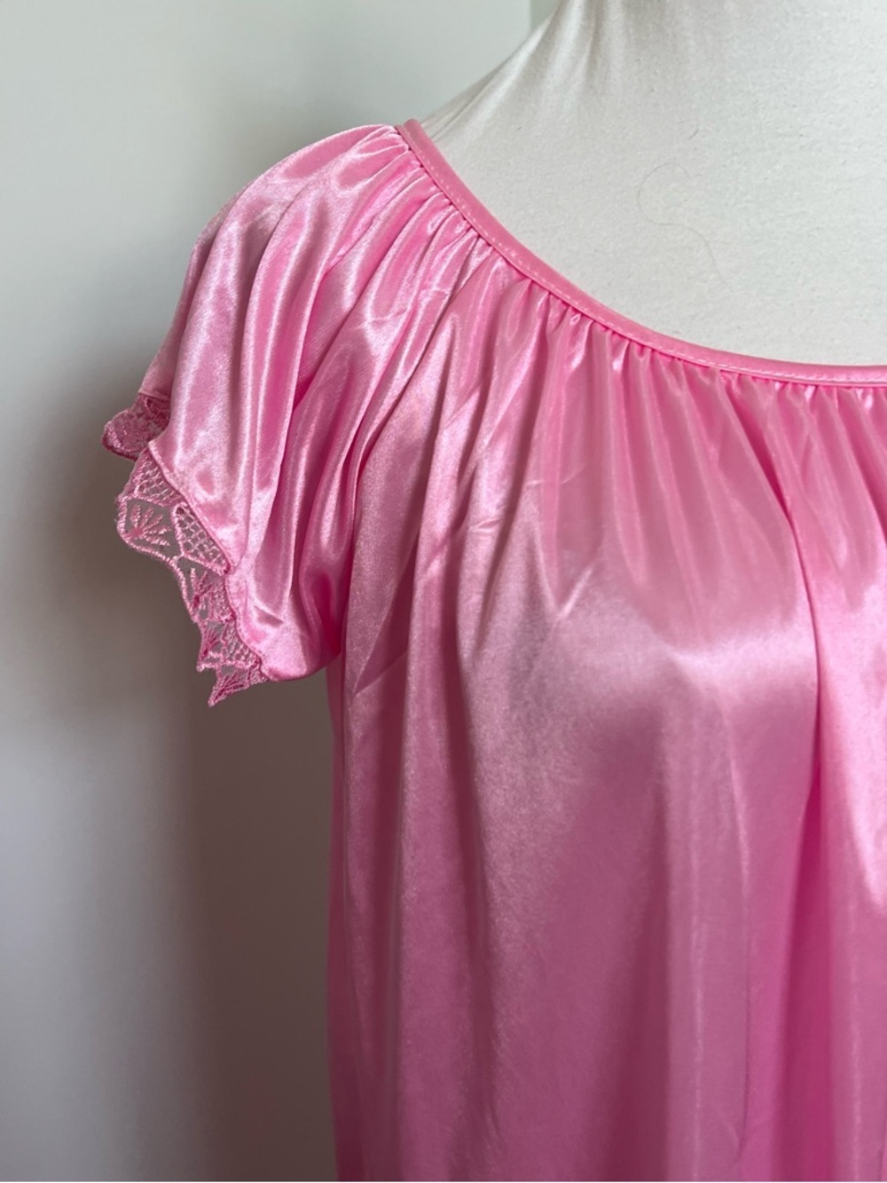 Vintage Pink Satin Nightgown Slip Dress Lace Trim Y2K Coquette L - Picture 4 of 6